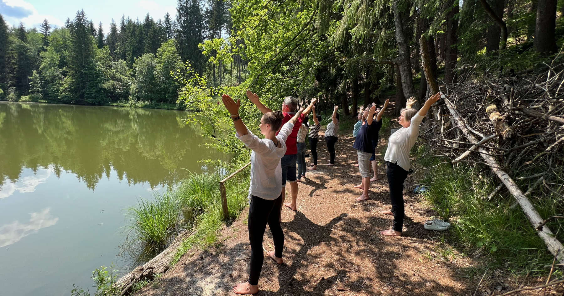 Seminarteilnehmer machen Asanas im Wald